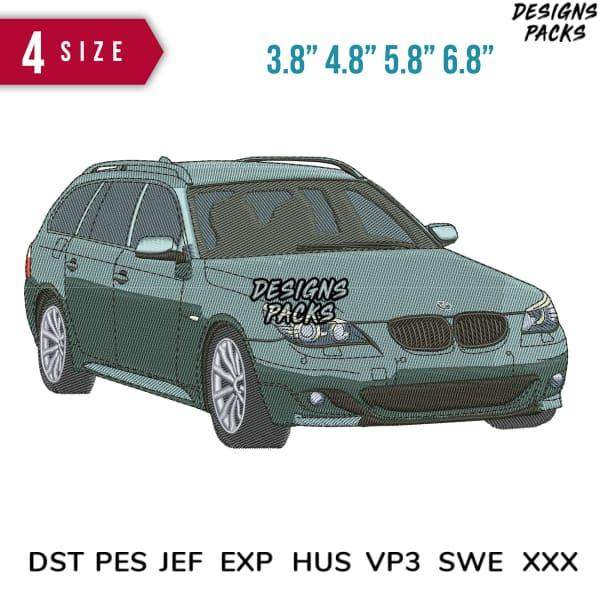 Embroidery design of green station wagon car in 4 sizes, compatible with DST PES JEF formats for instant download.