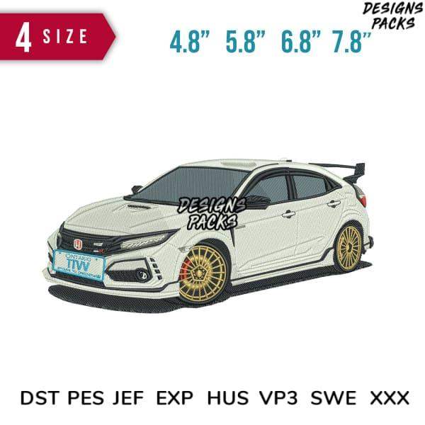 White Honda Civic with gold rims, available in 4 sizes for embroidery designs