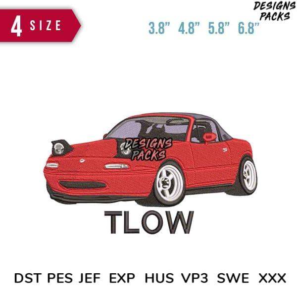 Red sports car embroidery design with 'TLOW' text, available in 4 sizes and multiple formats for instant download.