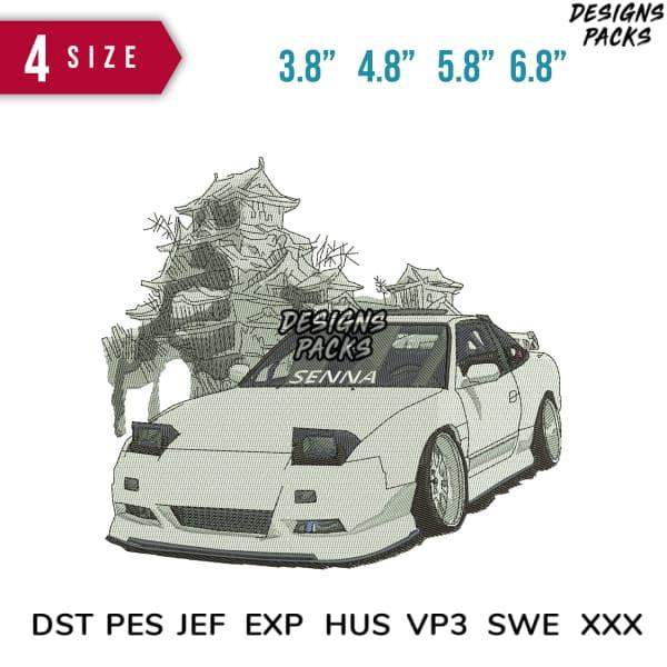 Senna car with Japanese castle embroidery design in 4 sizes, DST PES formats for instant download