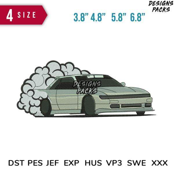 Drift car embroidery design with smoke, available in 4 sizes & formats like PES, DST, EXP for instant download