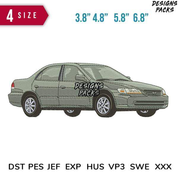 Embroidery design of a sedan car in 4 sizes, compatible with DST, PES, JEF formats for instant download.