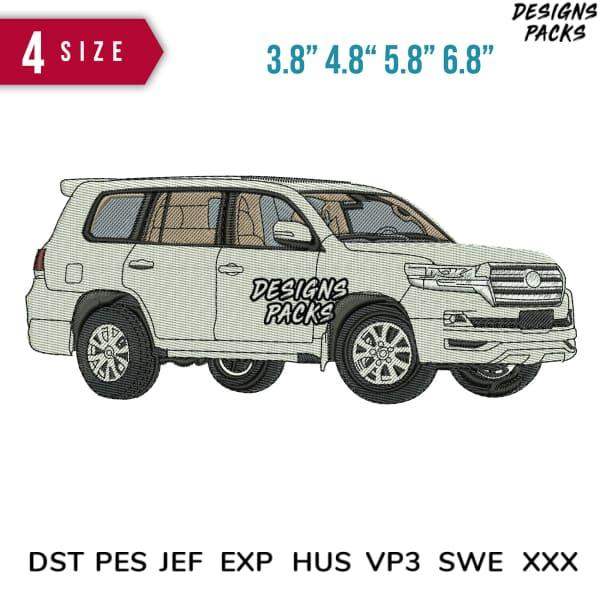 Embroidery design of SUV with 'Designs Packs' text, available in multiple sizes and formats
