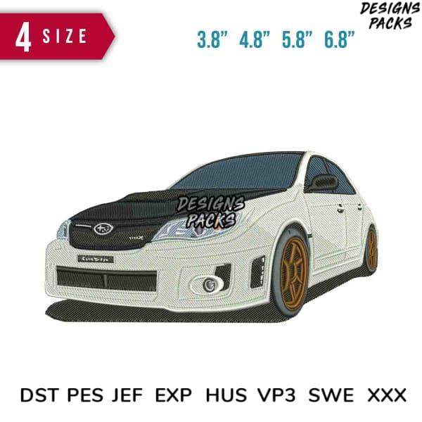 Embroidery design of white sports car with gold rims, available in multiple sizes and formats
