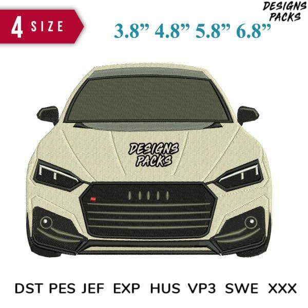 Embroidery design of white sports car front view, available in 4 sizes, DST PES JEF formats