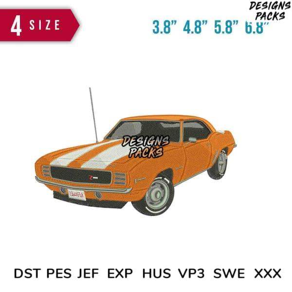 Orange classic muscle car embroidery design with white stripes, available in PES, DST, JEF formats for instant download.