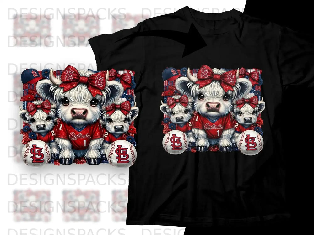 Four cartoon cows in Cardinals baseball hats and jerseys hold baseballs.