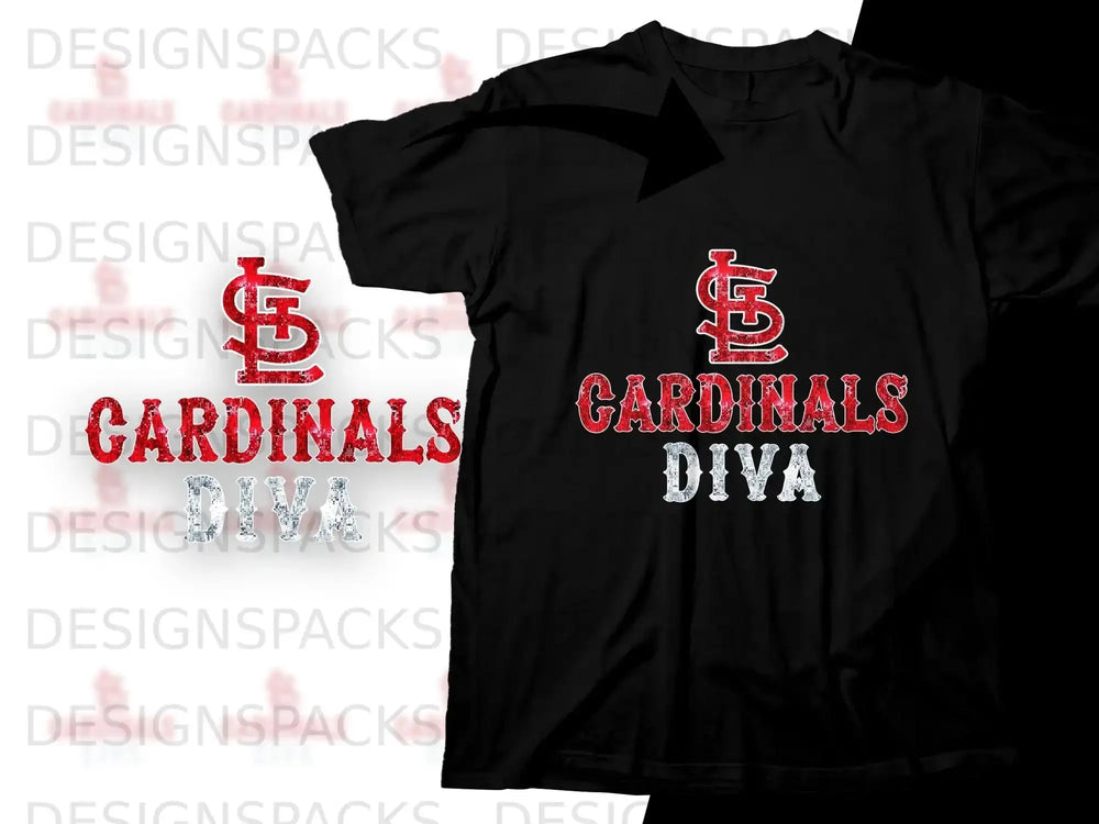Black t-shirt with red "Cardinals" and glittery "Diva" text.