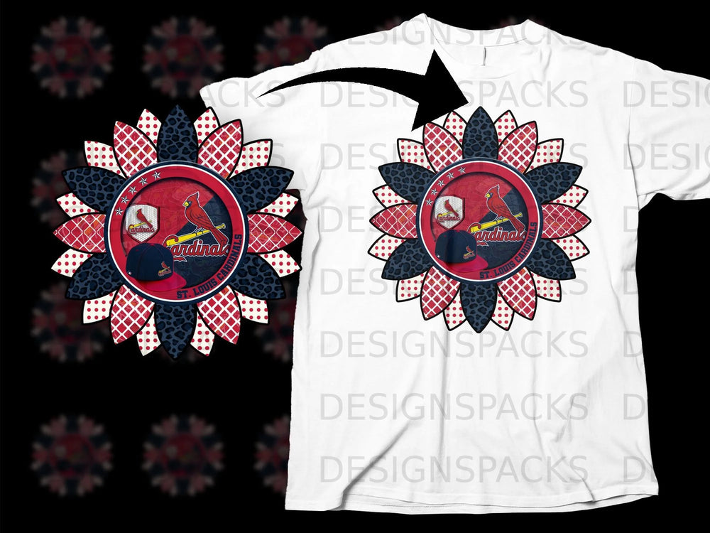 St. Louis Cardinals sunflower design with baseball cap on white t-shirt.