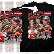 Carlos Sainz Jr. artwork with checkered flags and racing cars on a black t-shirt.
