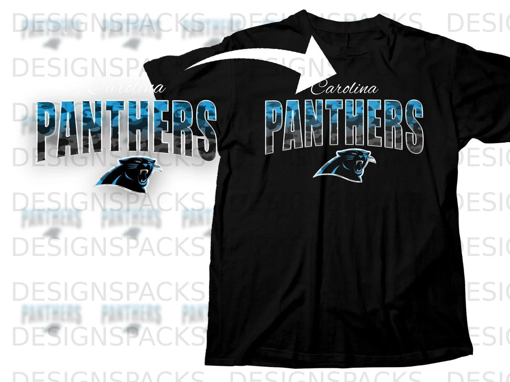 Black t-shirt with Carolina Panthers logo and camouflage text.