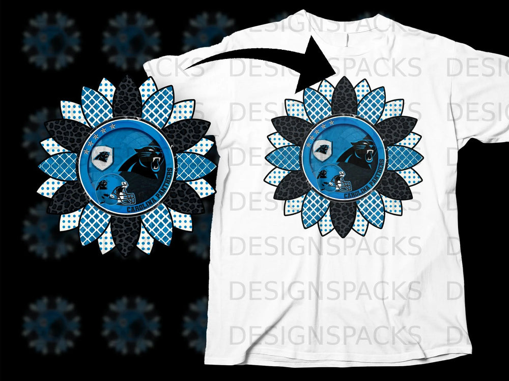 Carolina Panthers sunflower logo design on white t-shirt.