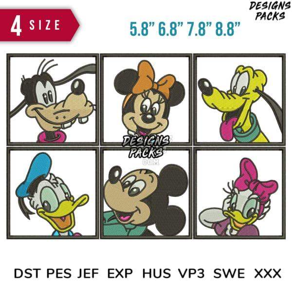 Disney character embroidery designs in 4 sizes, compatible with DST PES JEF formats for instant download.