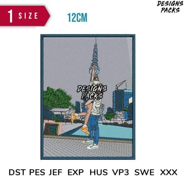 Embroidery design of couple in cityscape, 12cm, DST PES JEF formats, print-ready for apparel