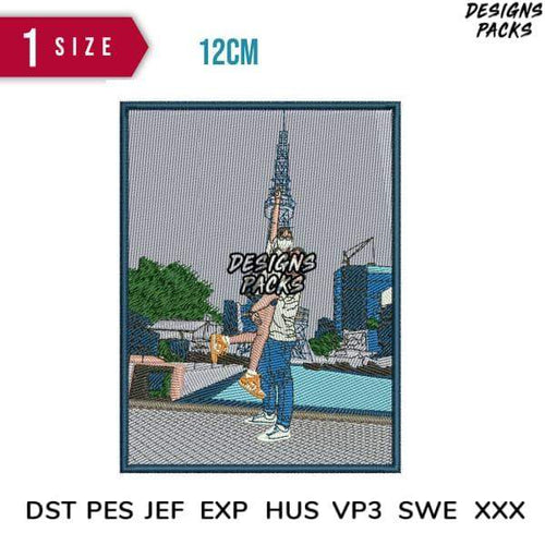Embroidery design of couple in cityscape, 12cm, DST PES JEF formats, print-ready for apparel