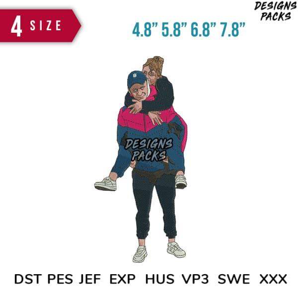 Embroidery design of couple hugging, available in PES, DST, JEF formats, 4 sizes for instant download