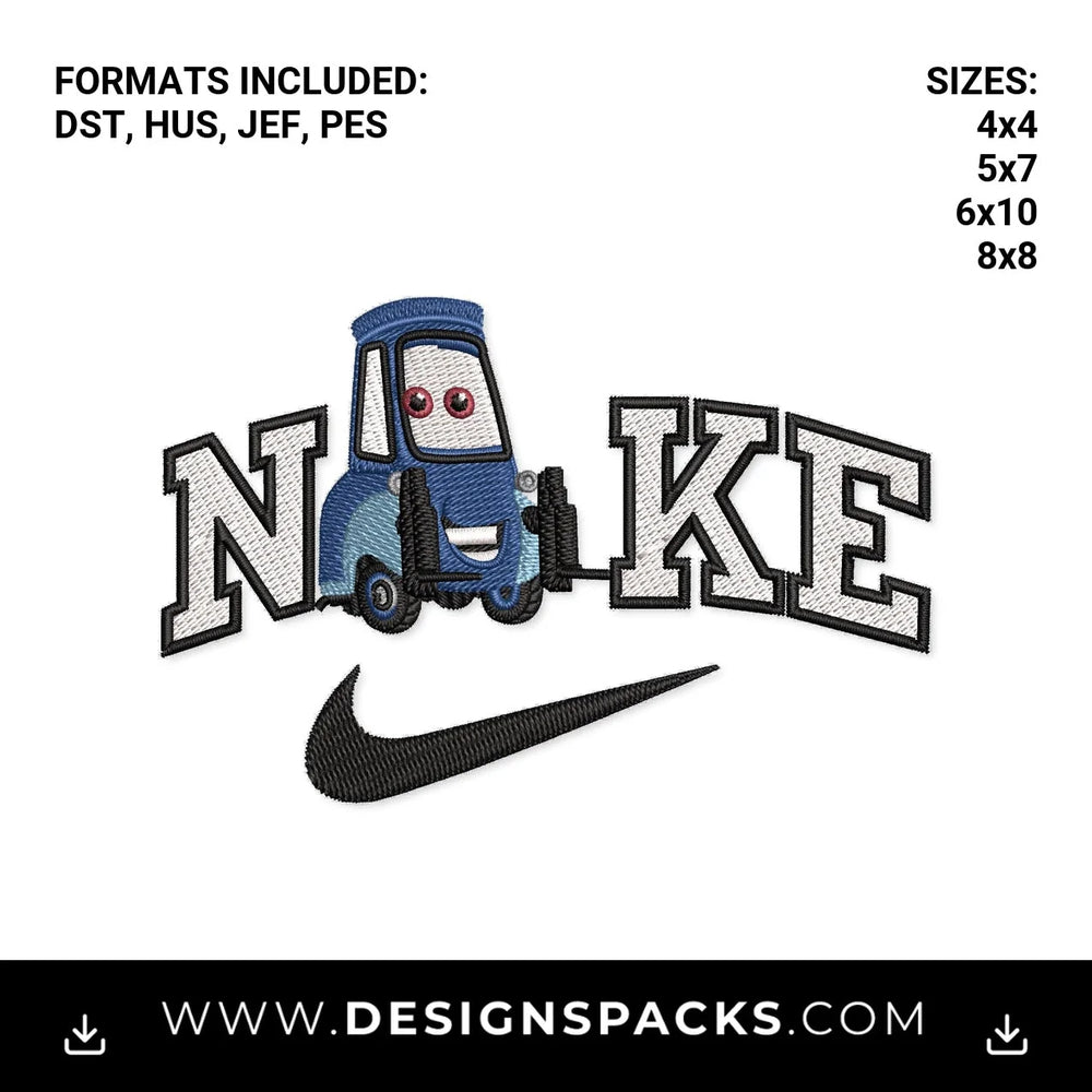 Cars Guido Forklift Nike Swoosh Embroidery Design - Instant digital download pattern at Designspacks.com