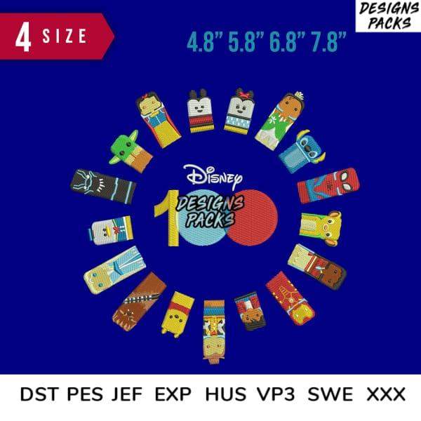 Disney character embroidery designs in 4 sizes, compatible with DST PES JEF formats for machine stitching