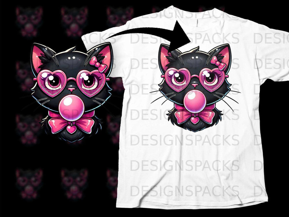 Cute Black Cat With Pink Glasses and Bow T-Shirt