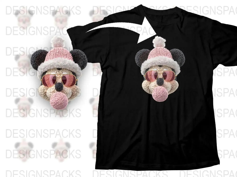 Cute Monkey Face T-Shirt with Pink Sunglasses and Pom Pom Hat, Unisex Black Tee for All Ages