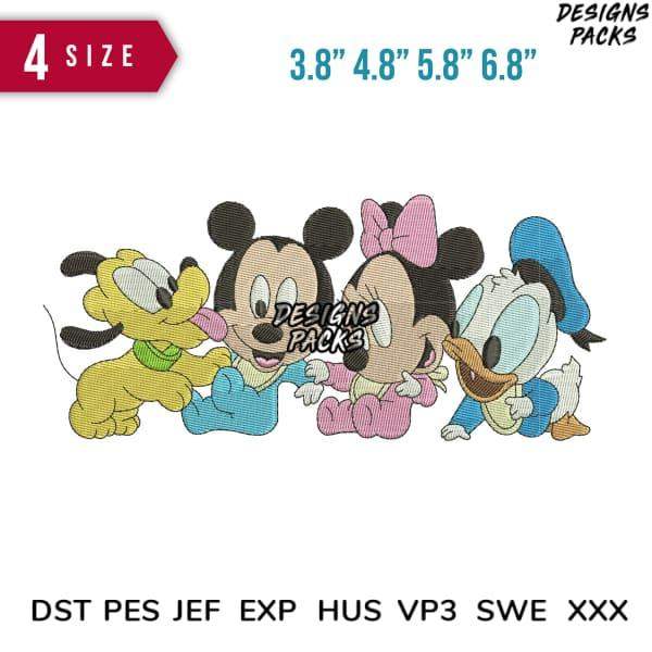 Baby Mickey, Minnie, Pluto & Donald Duck embroidery design in 4 sizes, DST PES JEF formats
