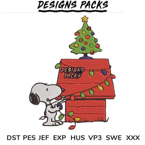 Snoopy decorating Christmas tree on doghouse, embroidery design for DST PES JEF formats