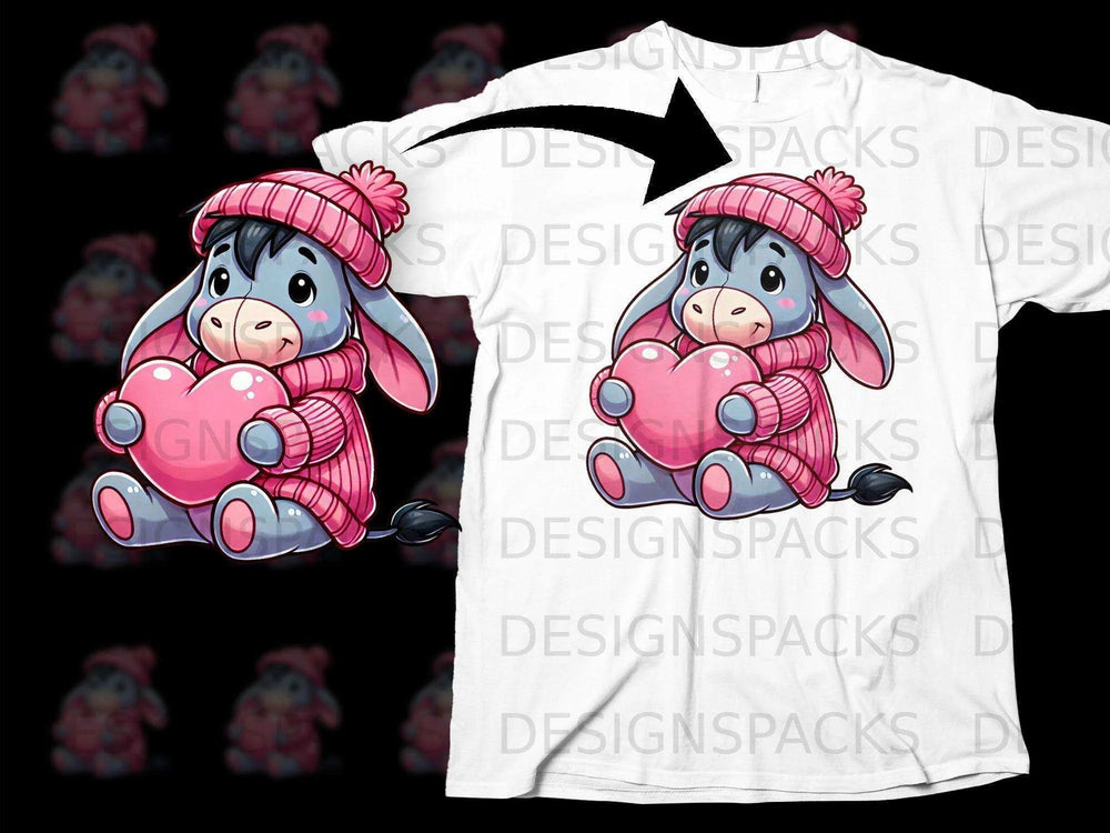 Cute Donkey Holding Heart Wearing Hat T-Shirt Design
