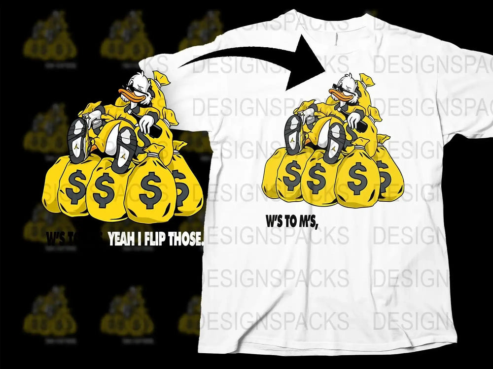 Cartoon Duck Lying On Money Bags Graphic Png Digital Download