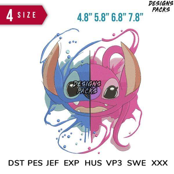 Stitch embroidery design in 4 sizes, DST PES JEF formats, split blue and pink octopus character