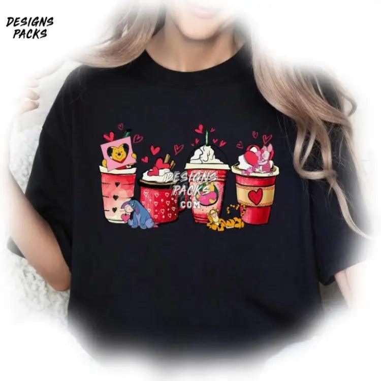 Cartoon Land Cup Coffee Latte Cute Pooh And Friends Valentine Png Design