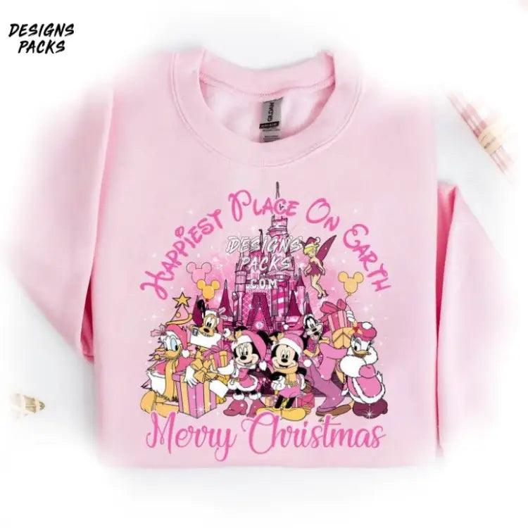 Cartoon Mickey And Friends Pink Christmas Magic Kingdom Merry The Happiest Place On Earth Png Design