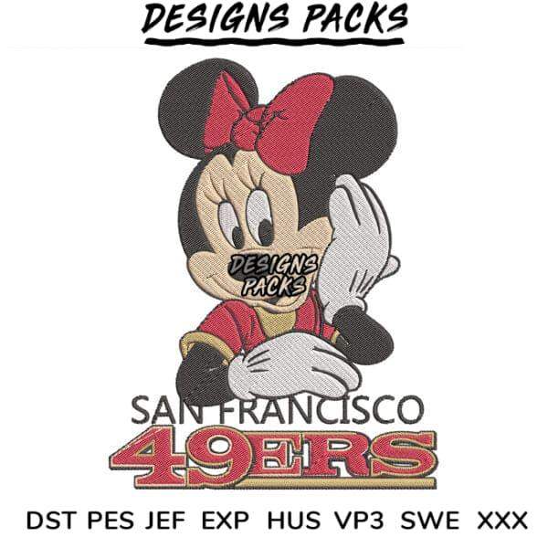 Minnie Mouse embroidery design with San Francisco 49ers logo, print-ready formats included