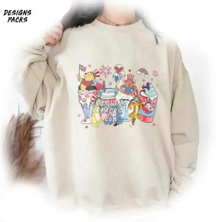 Cartoon Pooh And Friends Patriotic Fourth Of July Matching Family Independence Day Coffee Lover Png