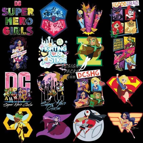 16 Cartoon Super Hero Girls Designs Bundle PNG