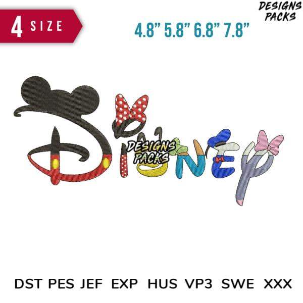 Disney-themed embroidery design with Mickey & Minnie elements, 4 sizes, PES/DST formats for instant download
