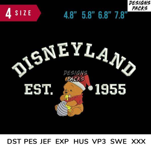 Disneyland EST 1955 Winnie the Pooh Christmas embroidery design in 4 sizes, DST PES JEF formats