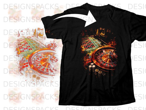 Black t-shirt with roulette wheel, chips, and gambling-themed graphic.