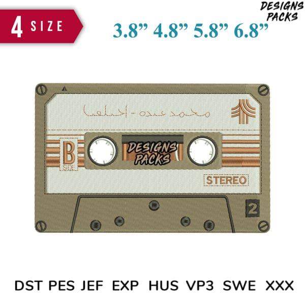 Retro cassette tape embroidery design in 4 sizes, compatible with DST PES JEF EXP formats for instant download.