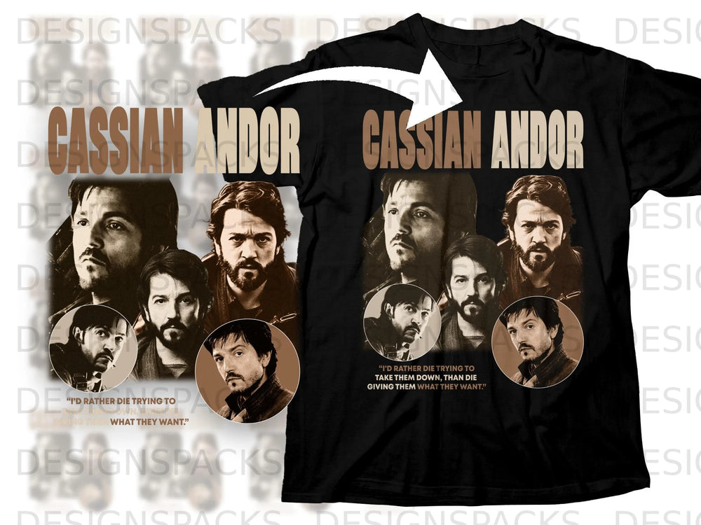 Black t-shirt with Cassian Andor title and collage of character portraits.