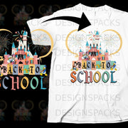 Disney castle with Mickey Mouse characters and "Back to School" text.