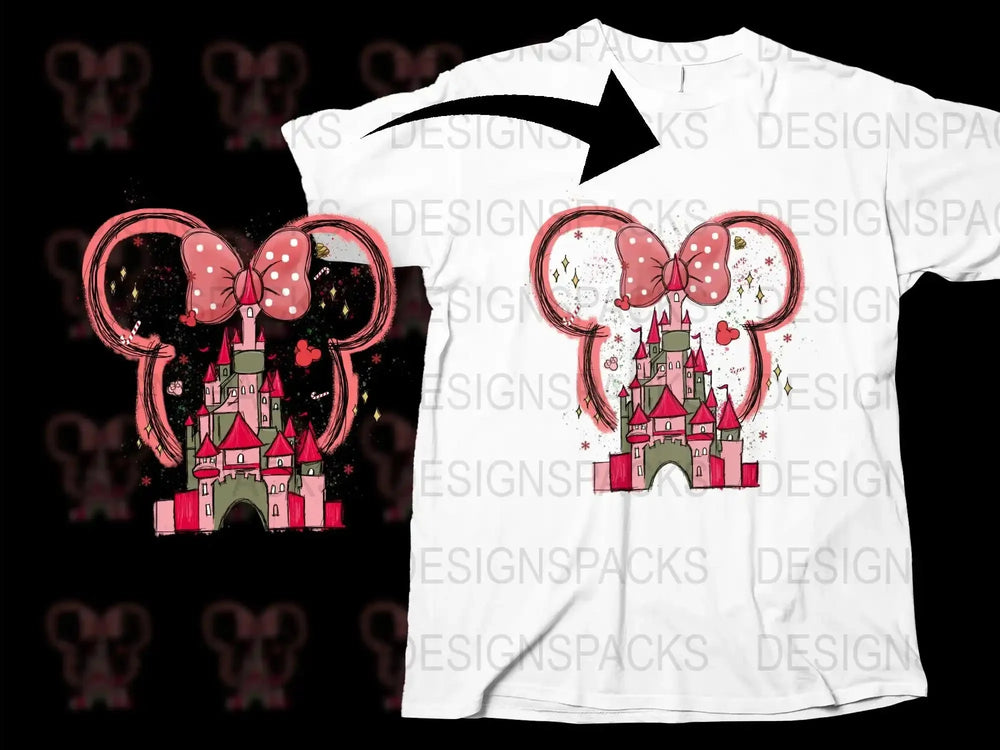 Girls Pink Castle and Bow Graphic T-Shirt, Cute Princess Themed Kids Tee, Magical Fairytale Shirt for Children