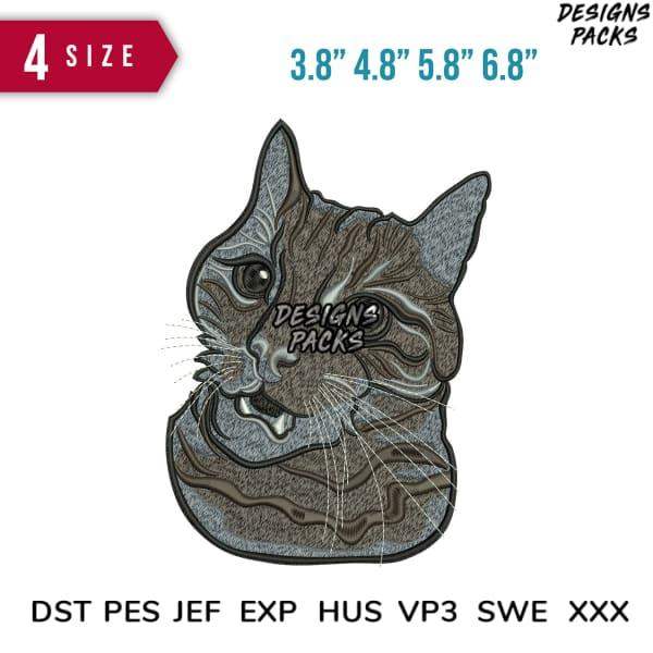Embroidery design of a gray cat face in 4 sizes, compatible with DST PES JEF formats for machine embroidery.