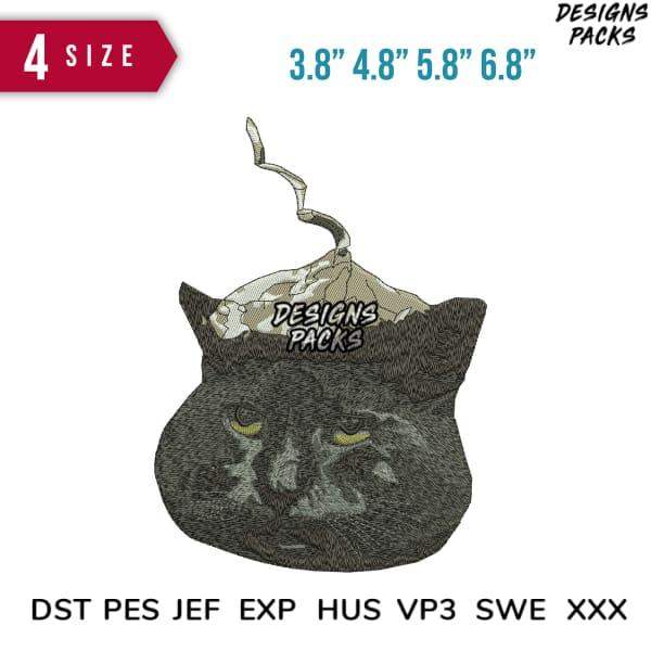 Embroidery design of a black cat with yellow eyes, available in 4 sizes and multiple file formats.
