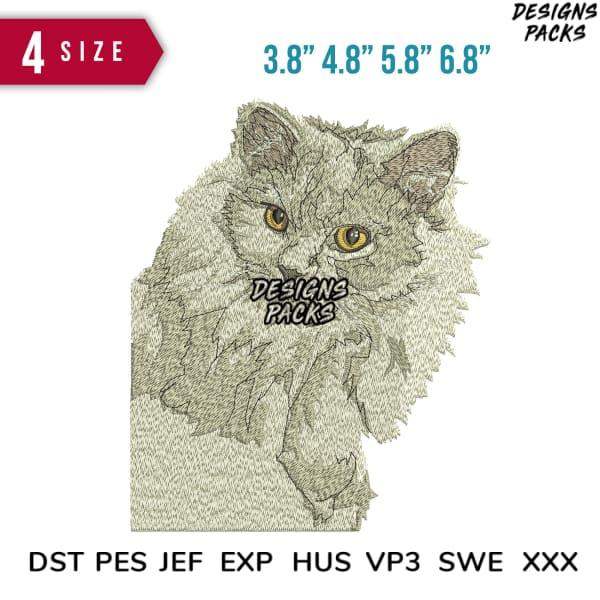 Embroidery design of fluffy cat in 4 sizes, compatible with DST PES JEF formats for instant download.