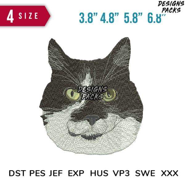Embroidery design of a black and white cat face with green eyes, available in 4 sizes and multiple file formats.