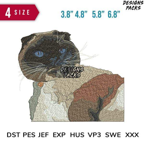 Embroidery design of a cat with blue eyes, available in multiple sizes and formats for instant download.
