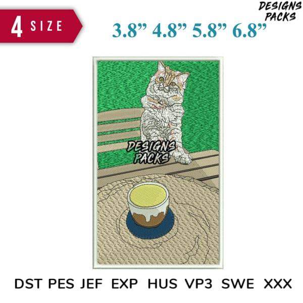 Embroidery design of a cat on a bench with a cup, available in multiple sizes and formats