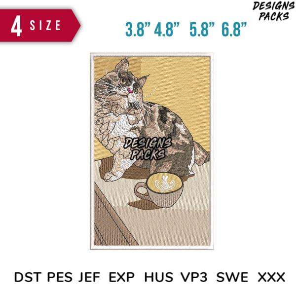 Cat with coffee cup embroidery design in multiple sizes for DTF DTG and tumbler wraps