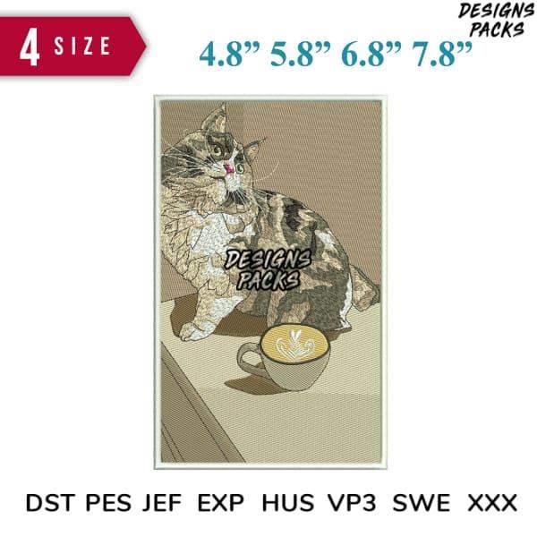 Cute cat with coffee cup embroidery design in 4 sizes, DST PES JEF formats for instant download