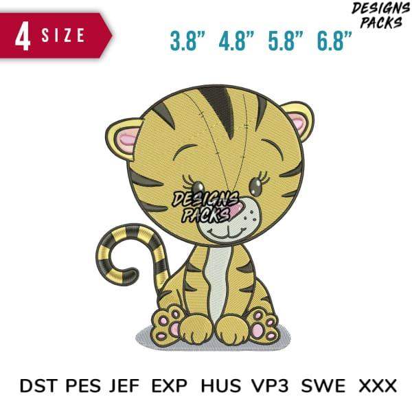 Cute tiger embroidery design in 4 sizes, print-ready formats for DTF, DTG, and tumbler wraps